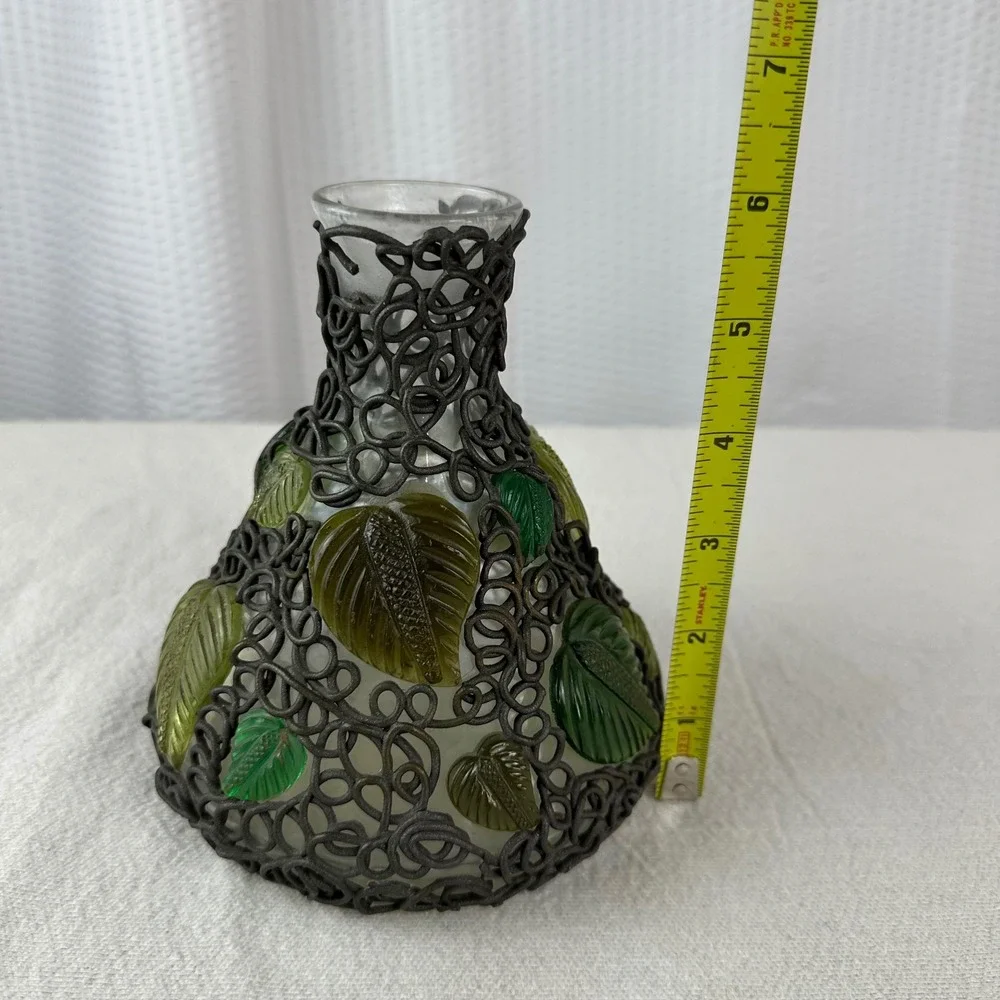 Vintage Art Glass Vase Metal Filigree‎ Overlay Leaf Design Studio Decor